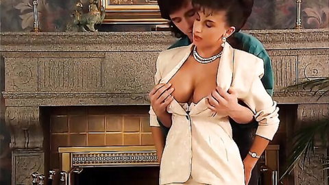 Lena Cova's huge tits exposed in open white blazer, embraced from behind
