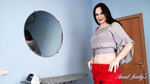 Aunt Judy as Lada the hairy MILF teases in grey crop top and red pants