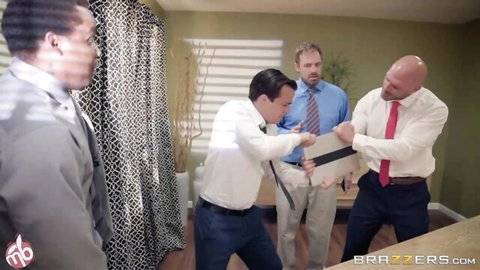 Suited businessmen gripping wooden paddle in office standoff Brazzers scene