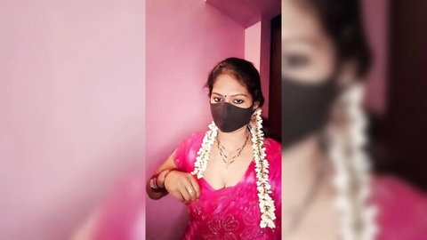 Phoenix in steamy Indian webcam show, pink saree cleavage and jasmine garland