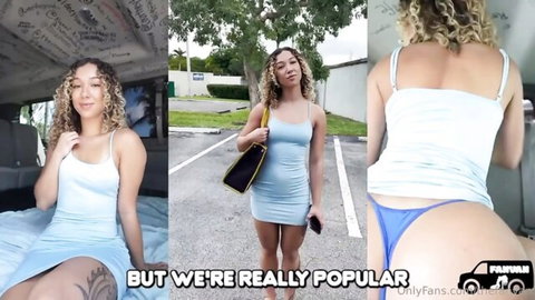 Petite curly-haired Latina teen teases her juicy ass in blue thong outdoors and in van