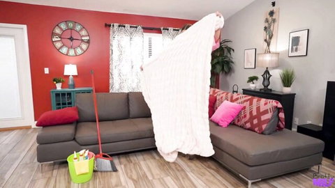 Busty stepmom with huge tits draped in white blanket, teasing seductively
