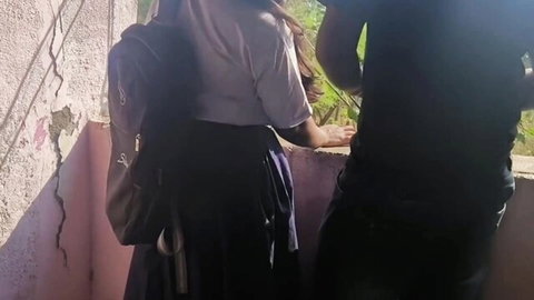 Mumbai Ashu in short skirt on balcony with Desi stud behind