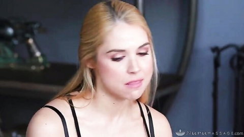 Blonde MILF Sarah Vandella in black tank top, seductive close-up