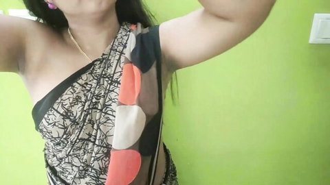 Sexy Indian mature wife in sheer saree lifts arms exposing hairy armpits and cleavage