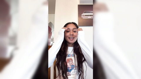 Petite Indian girl smiling in white top, hands on face, MiaZ12 exploration
