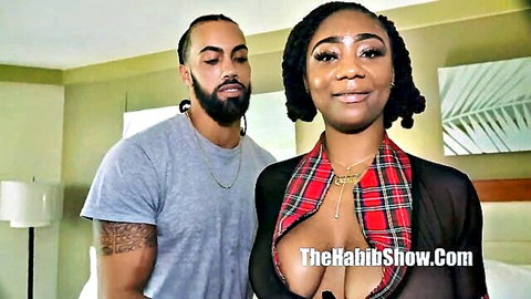 Curvy ebony with massive tits exposed in open plaid sheer top teasing with dreadlocked boyfriend
