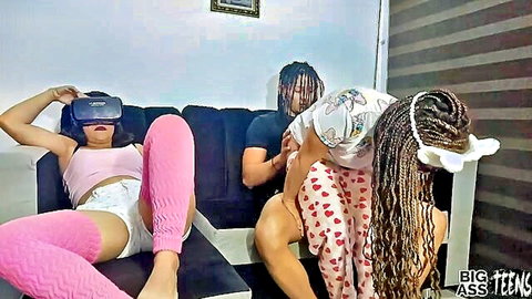 Ebony stepdaughter in VR headset threesome with MILF wife anal on sofa