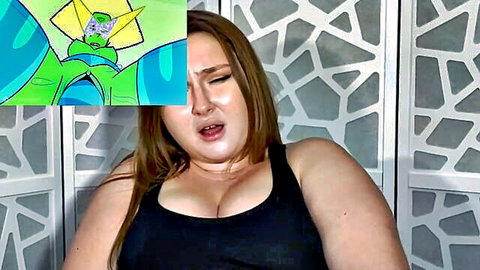 Blonde BBW reacts to hentai in deep cleavage tank top cum challenge