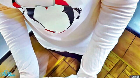 Stepmom in white top and pantyhose teaches intimate experience, creampie finish