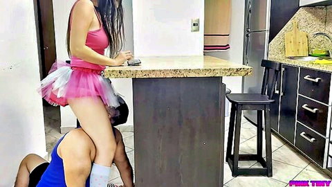 Petite Asian step niece in pink tutu teases kneeling step uncle