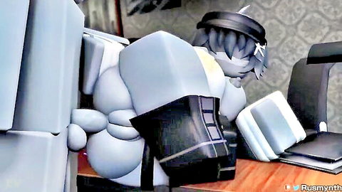 3D voxel girl with hat bent over desk getting fucked doggy style by blocky stud with huge gray balls