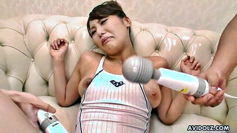 Japanese woman with small tits exposed gets Hitachi vibrators pressed on pussy and nipples in rough play