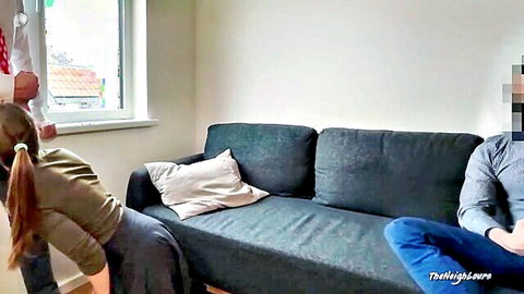 Amateur wife shared with stranger, casual threesome on couch