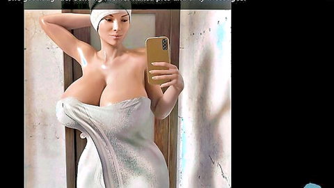 Busty MILF sex goddess in towel selfie, wet curves post-shower tease