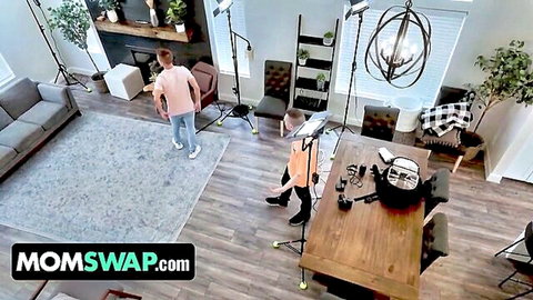 Big titted MILFs Lory Lace and Demi Nova bending over in pink tops for MomSwap
