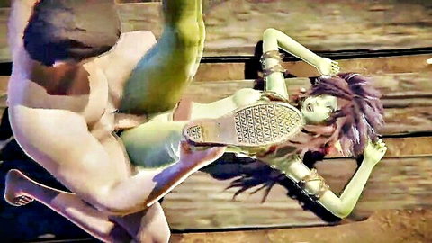 Top-down view of man fucking green-skinned goblin girl, heavy moaning hentai scene