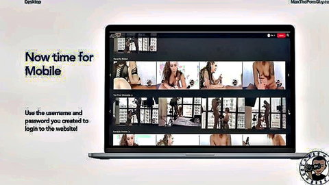 Laptop screen showing nude ebony and curvy women thumbnails on MintPornDay mobile login page