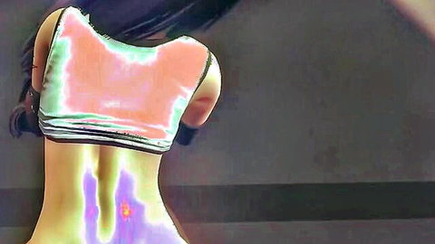 Tifa Lockhart back view in pink revealing top, arched pose, 3D hentai animation