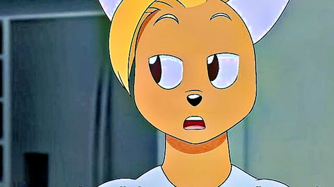 Surprised blonde anthro fox in white uniform, twerking interview scene