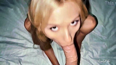 Blonde babe deepthroats massive thick cock in intense POV closeup
