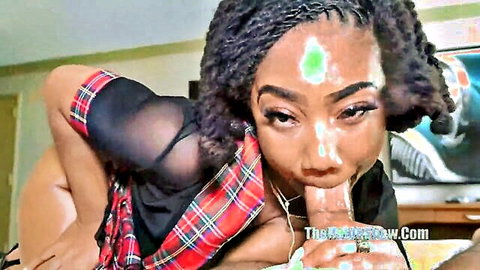 Ebony schoolgirl with braids deepthroats thick black cock in plaid skirt closeup