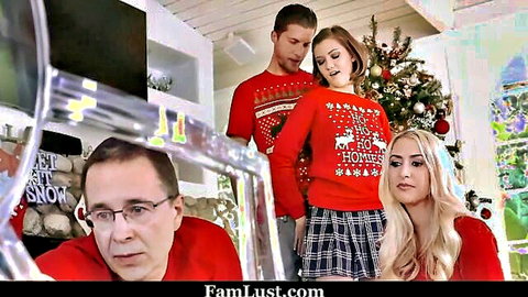 Riley Mae in Christmas sweater teases stepbro with ass rub