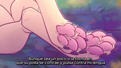 Furry cartoon girl with pink paws in explicit oral sex scene, cock pulsing on tongue
