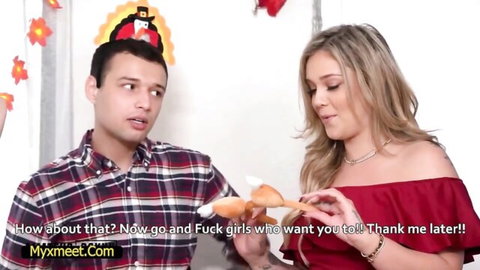 Casca Akashova in teasing Thanksgiving scene holding phallic corn with man