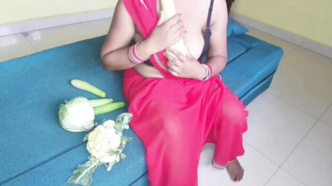 Desi bhabhi in red saree topless with cucumber, watched by maid Ritu