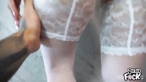 Tattooed hand roughly squeezing woman's pale ass in white lace panties pulled aside POV