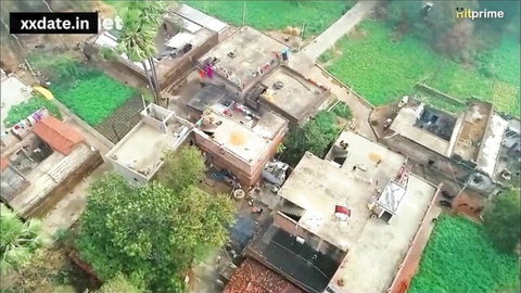 Aerial drone view of rural Indian village with brick houses rooftops green fields palm trees and paths