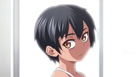 Anime hentai teacher with short black hair in white tank top, naughty student fantasy