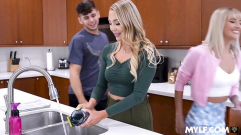 Harper Hill and Katee V tease young guy in playful threesome setup
