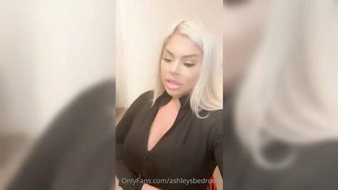 Ashley Barbie blonde in black zip top with cleavage OnlyFans tease