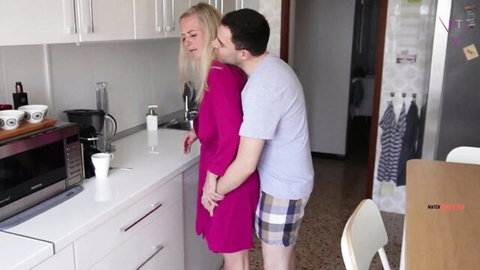 DirtyTina blonde MILF in red dress hugged intimately from behind