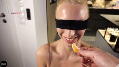 HannaSecret blindfolded teen with big tits in perverted taste test