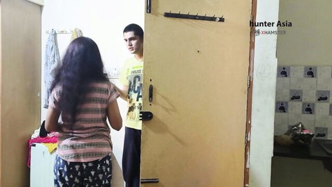 Indian MILF with long hair in casual top and skirt teases guy in amateur threesome setup