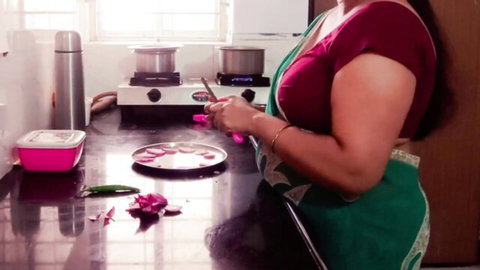 Desi Fantasy as curvy Indian stepmom in red blouse and green saree, kitchen cooking tease