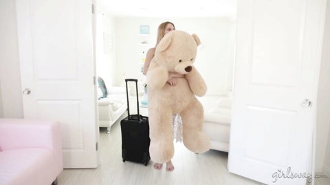 Lana Rhoades carries giant teddy bear in sheer skirt and barefoot tease