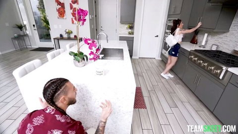 Tiny Rhea teases black stud in kitchen, petite beauty in shorts