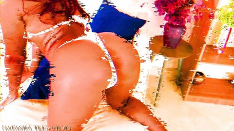 Natasha Teen bends over in white thong, big ass exposed in bedroom tease