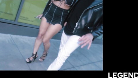 Mona Azar in sexy mini skirt and heels walking with stud, MILF tease