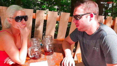 Sexy-Blanche big tits blonde in red top with guy outdoors