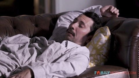 Vanessa Sky & Vanessa Moon in family therapy scene with sleeping man on couch