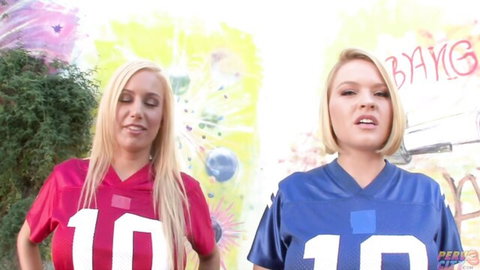 Two blonde cheerleaders in sexy football jerseys posing for adult fun