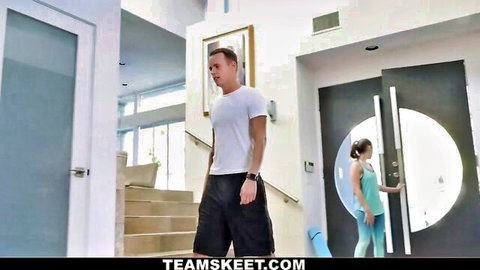 Fit stepbrother eyes teen yoga babe in tight leggings and top during workout