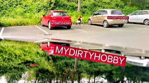 CurvySecret wild outdoor POV piss in parking lot, curvy model squatting by car