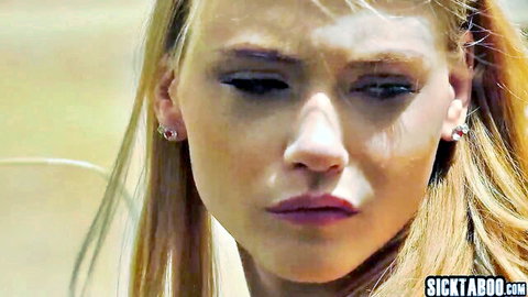 Hannah Hays petite blonde teen with intense gaze in taboo stepdad scene