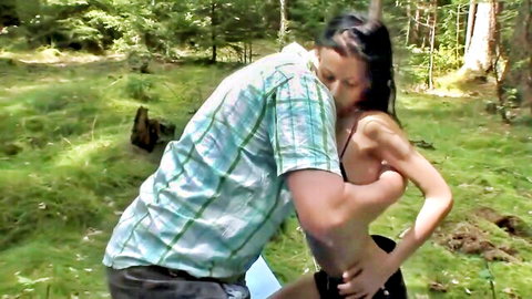 Amateur babe topless outdoors, tight pussy pounded in forest embrace